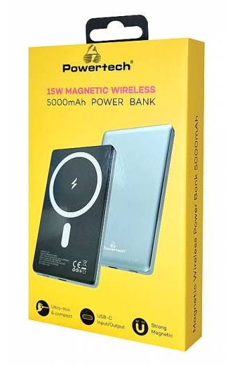 POWERTECH power bank PT-1171, 5000mAh, magnetic wireless, 15W, γκρι