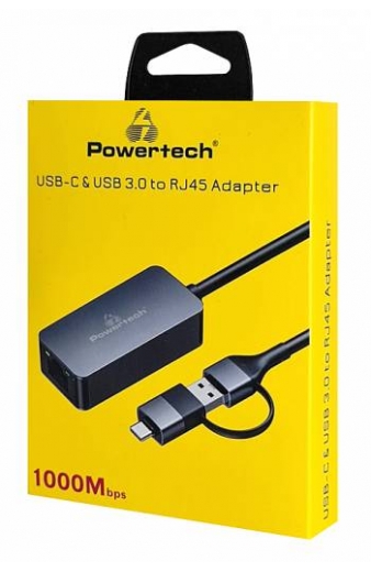 POWERTECH αντάπτορας δικτύου PTR-0149, USB & USB-C, 1000 Mbps, γκρι