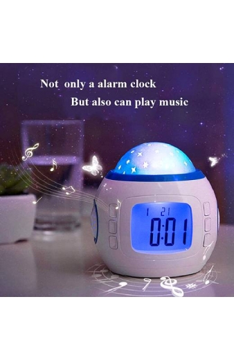 Επιτραπέζιο ρολόι AK234 με προβολέα & μουσική, ξυπνητήρι, λευκό-μπλε