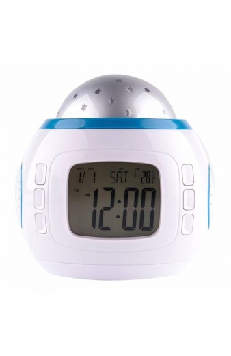 Επιτραπέζιο ρολόι AK234 με προβολέα & μουσική, ξυπνητήρι, λευκό-μπλε