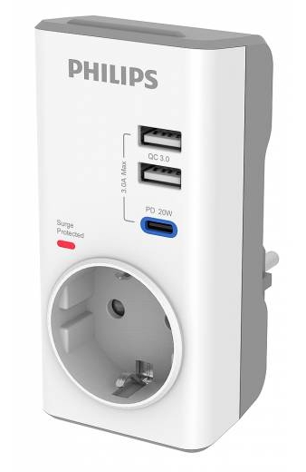 PHILIPS αντάπτορας ρεύματος CHP8010W/10, 1 θέση, USB-C/USB, 380J, λευκός