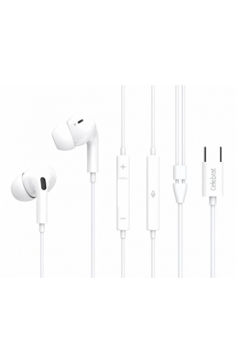 CELEBRAT earphones με μικρόφωνο E300, USB-C σύνδεση, Φ10mm, 1.2m, λευκά