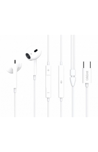 CELEBRAT earphones με μικρόφωνο E400, USB-C σύνδεση, Φ14mm, 1.2m, λευκά