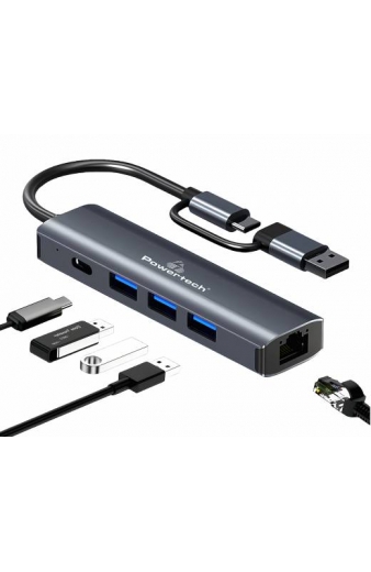 POWERTECH USB hub PTR-0150 με θύρα δικτύου, 4 θυρών, USB & USB-C, γκρι